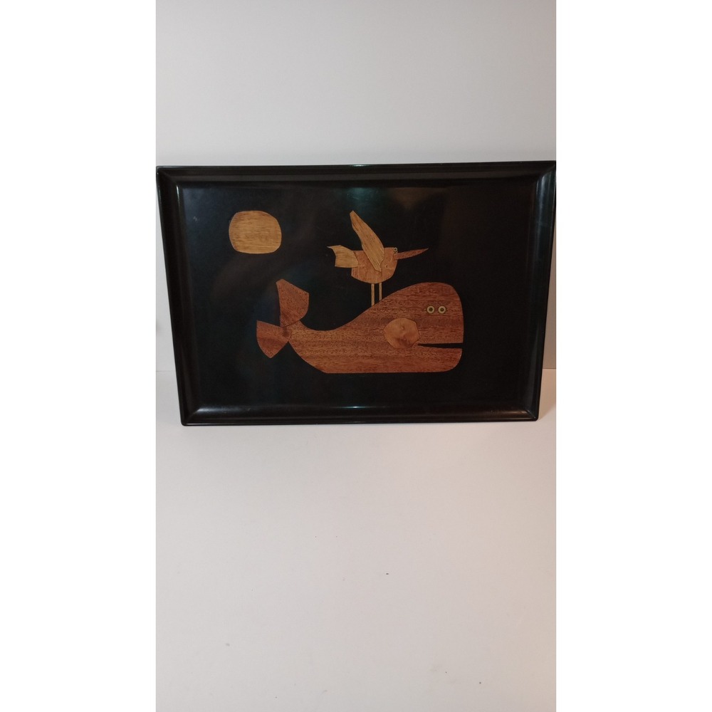 Couroc Of Monterey Wood Inlay Tray Whale Bird Sun W/ Brass Eyes MCM 18" x 12.5"
